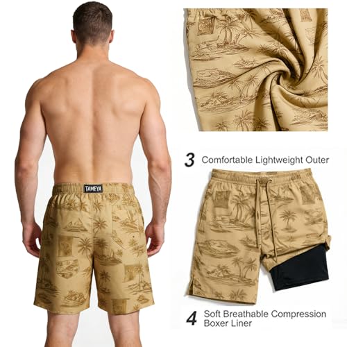 Image of Men's Swim Trunks with Compression Liner, Quick Dry Hawaiian Swimwear Bathing Suit Drawstring Board Shorts