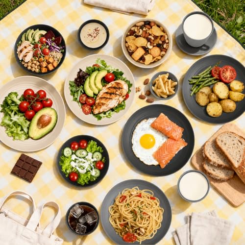 Image of Wheat Straw Dinnerware Sets 16 PCS - Unbreakable Kids Plates and Bowls Sets for 4,Dishwasher & Microwave Safe Modern Lightweight Toddler Plates and Bowls Set for RV,Travel,Camping - Grey Stone