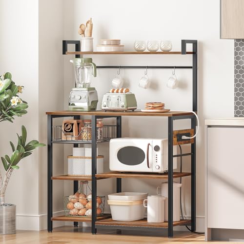 HOOBRO Bakers Rack with Power Outlet, 35.4 Inches Coffee Bar with Mesh Basket, Microwave Stand with 4 S-Shaped Hooks, Kitchen Bakers Rack with Storage, Easy to Assemble, Rustic Brown BF05HB01 - view 2
