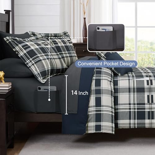 Image of MaiReve Full Size Comforter Set Navy Blue, Plaid Design Comforter Set 7 Pieces, All Season Comfortable Bedding Sets Full, Lightweight, Soft and Warm (Navy Blue, Full)