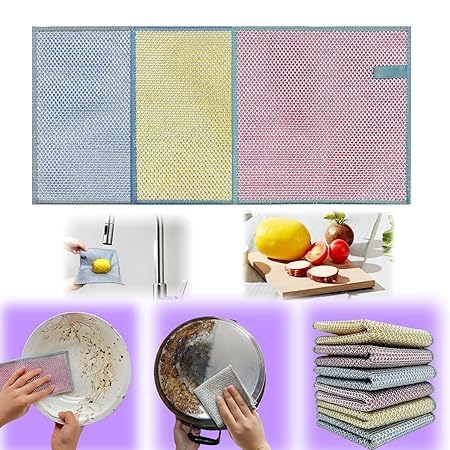 ZYGNOS Multipurpose Wire Dishwashing Rags for Wet and Dry Polyester Silver Wire and Coconut Shell Fiber Double-Sided Design Wire Miracle for Cleaning Kitchen Stoves and Tableware (3 Pcs,Multicolor)