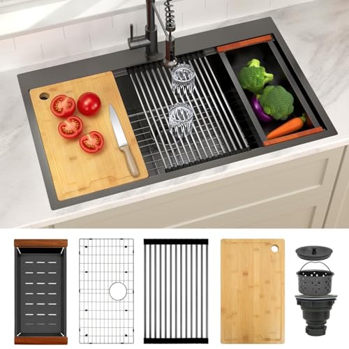 Image of 33 inch X 22 inch Drop In Kitchen Sink,16 Gauge Stainless Steel Black Kitchen Sink,Single Bowl Top Mount Workstation Kitchen Sinks (Black, 33 X 22 inch)