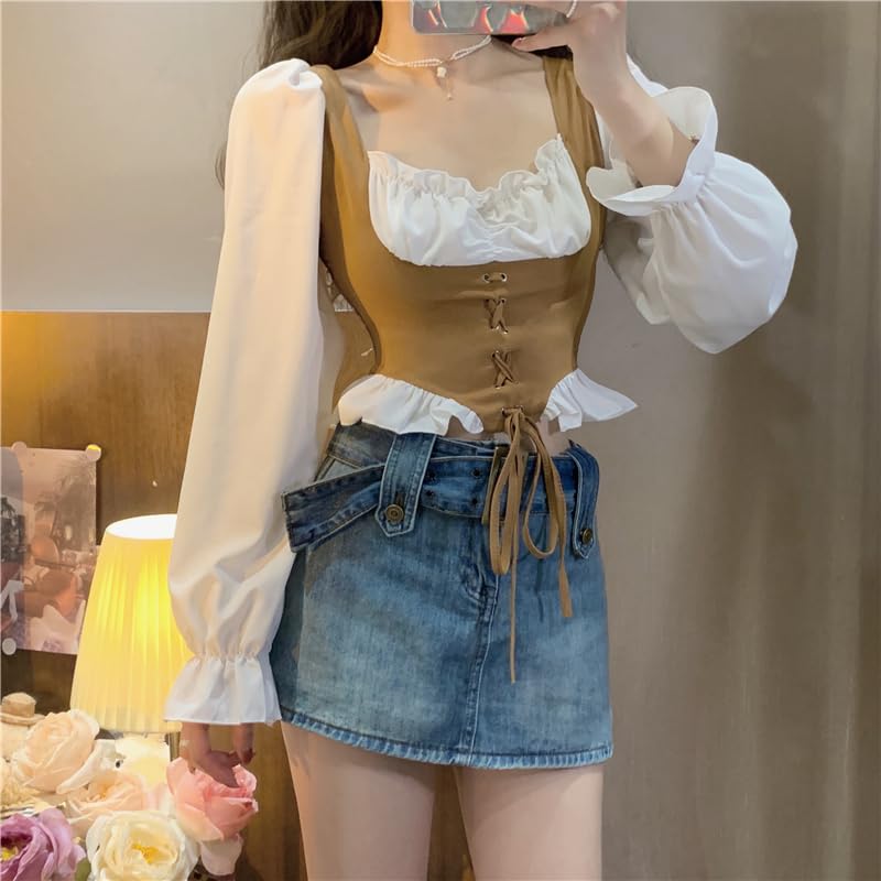 Image of ICW Women French Style Retro Vintage Lace-Up Layered Fake Two-Piece Puff Sleeve Ruffled Crop Blouse Corset Top Dn88