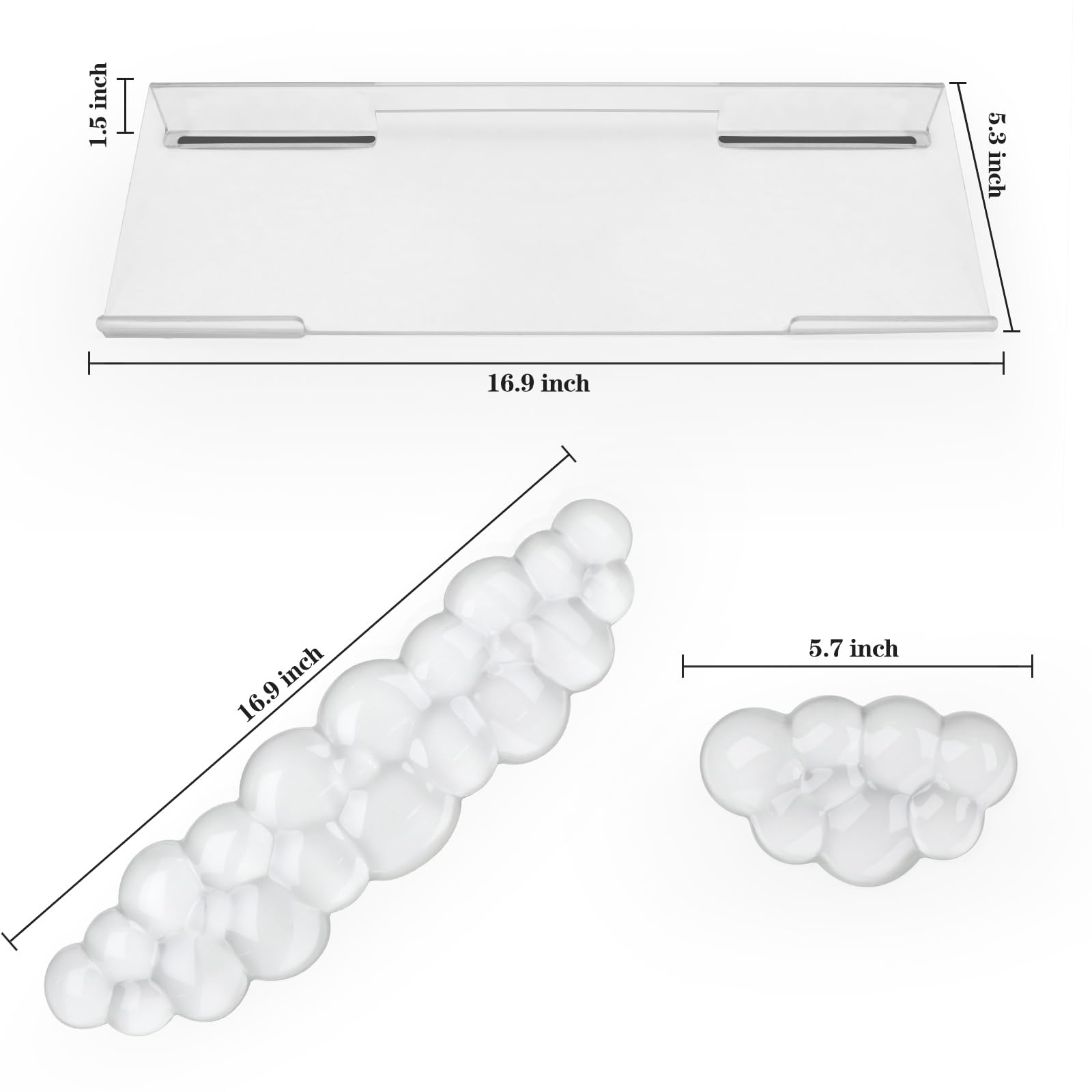 Supporto per tastiera in acrilico trasparente con gel Cloud tastiera e poggiapolsi per mouse, set 3 in 1 inclinabile ergonomico, allevia la digitazione dolorosa, per ufficio/computer/laptop/gaming