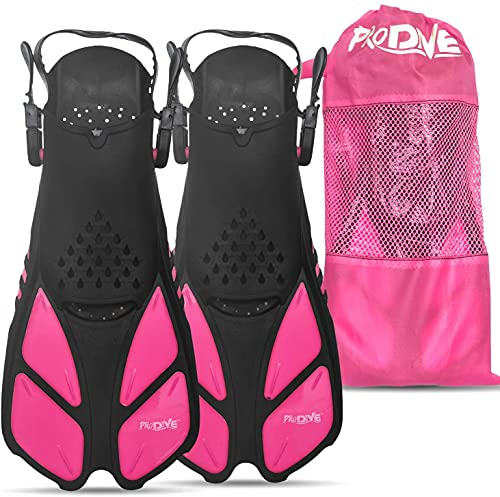 PRODIVE Snorkel Diving Fins Adjustable Open-Heel Swim Fins, Short-Blade Snorkeling, Diving Flippers Add Efficiency to Swimming Diving, Adult Men Women Kids Sizes, Great Fin for Travel (DK Pink XS)