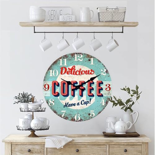 Image of XFM Big Retro Coffee Wall Clock for Kitchen Cafes Bar 16 Inch | Silent Non-Ticking Battery Operated Vintage Blue Wooden Rustic Round Decorative for Living Room Farmhouse Office