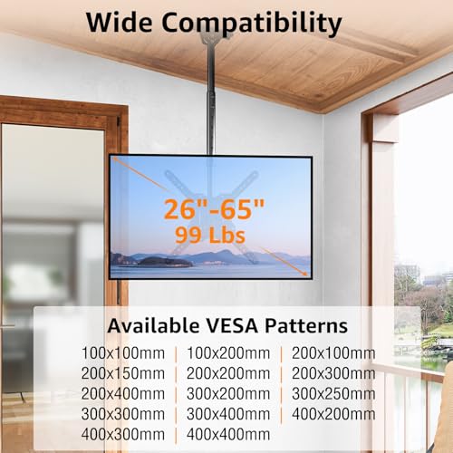 Image of ELIVED Ceiling TV Mount Fits Most 26-65 Inch LED, LCD OLED Flat Screen TVs, Full Motion Height Adjustable, Swivel and Tilt TV Bracket, Max VESA 400x400mm, Holds up to 99 lbs.