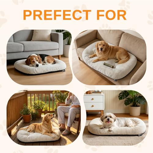 Image of Washable Oval Dog Bed forX-Large Dogs,Silver-Tipped High-Resilience,Beige | Non-Slip Bottom Prevents Sliding, Soft Plush Short Fur, Machine Washable, Ideal for Crates /Apartments /Cozy Nooks,41 inchx27 inchx3.6 inch