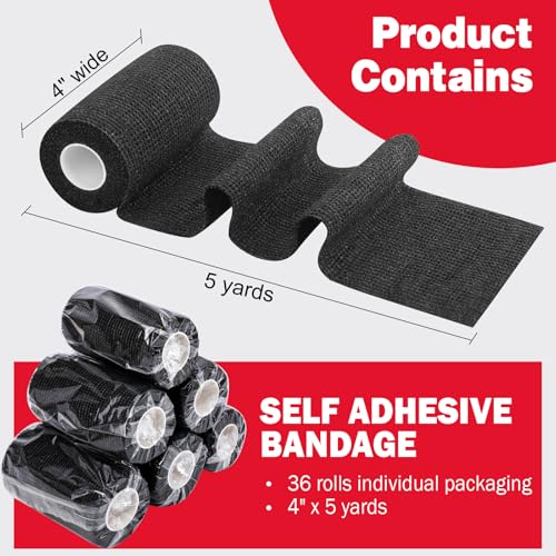 Image of AZEN 36 Pack Self Adhesive Bandage Wrap, 4 inch X 5 Yards Elastic Cohesive Bandage Wrap, Black Athletic Tape, Tattoo Grip Tape Wrap, Vet Wrap, Ankle Tape