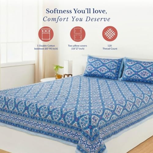 Image of Jaipur Weaves Jaipuri Double Bed Cotton Bedsheet Queen Size 90x85, 120 TC 100% Pure Cotton Bed Sheet with 2 Pillow Covers, Floral Traditional Print (Blue Jaal, Double)