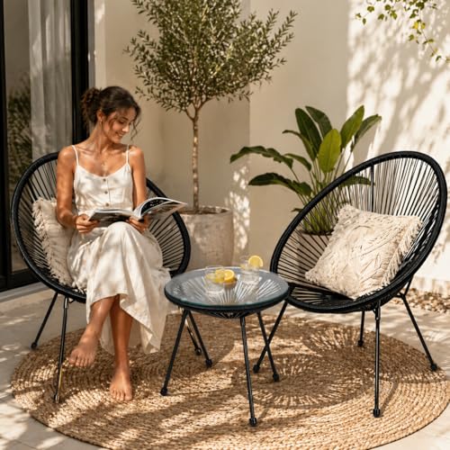 Vital 3-Piece Outdoor Seating Set | Acapulco Chairs with Glass Top Table | Modern Patio Furniture Set | Metal Steel Balcony Garden Furniture | Poolside Bistro Set | Black