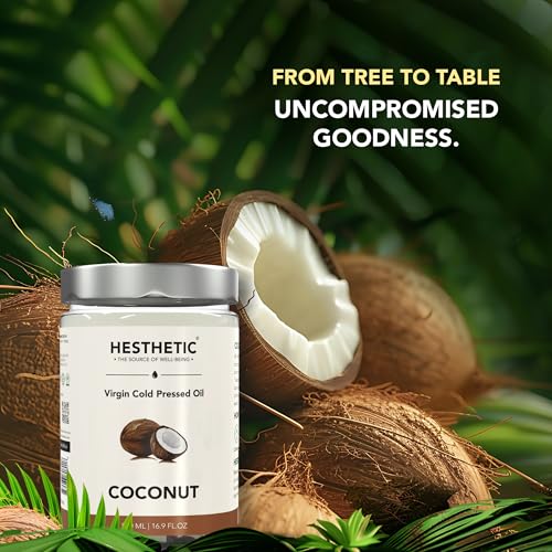 Image of HESTHETIC Cold Pressed Virgin Coconut Oil Combo | Kitchen + Home Pair | Pure Nariyal Tel (VCO) | Unrefined for Cooking, Baking, Hair & Skin Use | Glass Bottles (500ML(Jar))
