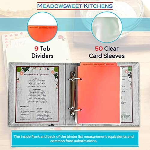 Meadowsweet Kitchens Recipe Card Holder Cookbook Mini 2 Ring Binder Organizer - Recipe Binder Cook Book w/ 25 4 x 6 Cards, 50 Clear Card Sleeves, & 9 Card Dividers (Fabric Covered, Vintage Flowers) - Thumbnail 4