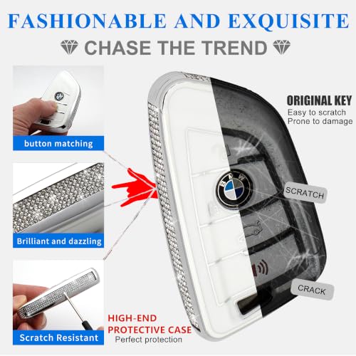 Image of Creativity For BMW X5 Key cover and Key chain accessories (White set) | TPU key box with Rhinestones is compatible with F30 F45 F55 G20 G30 X1 X3 X4 X5 X6 X7 3 5 6 7 M5 M6 GT series smart key