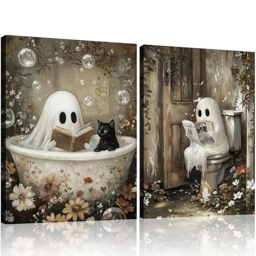 Framed Ghost Canvas Wall Art Set of 2 Cute Ghost Cat Reading in Bathtub Painting Rustic Whimsical Halloween Poster Picture Prints Dcor for Bedroom Bathroom Restroom Spa 12x16 Inch