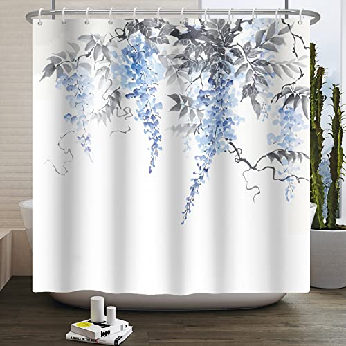SDOTPMT 105x160cm Blau & Grau Duschvorhang Feder Blau Aquarell Floral Grau Eukalyptus Blätter Boho Stil Weiß Hintergr& Badezimmer Gardinen for Badewannen Toilette