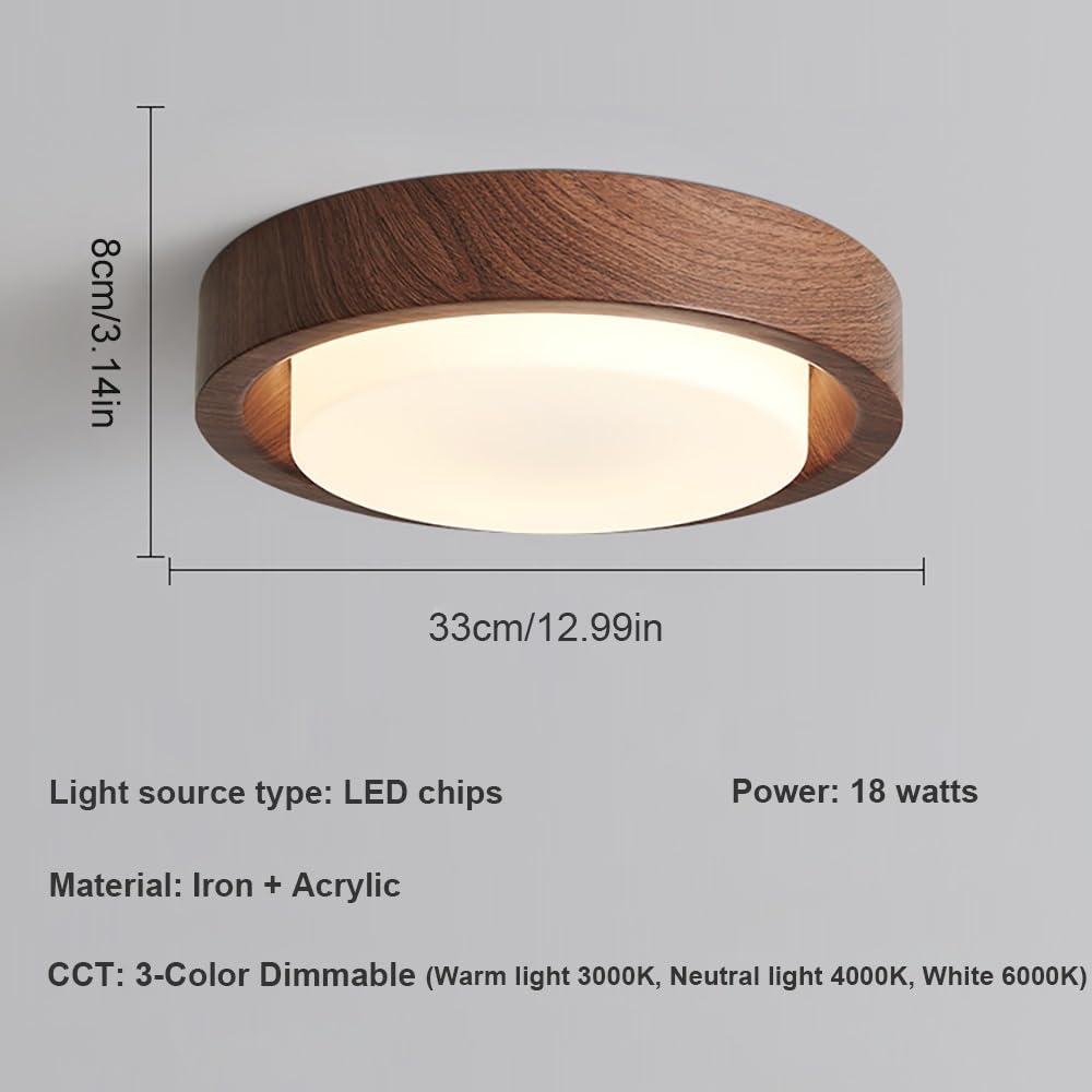 Lampy Sufitowa LED Okrągła Styl Drewna Nowoczesna, Plafon Regulowane Oświetlenie Sufitowe Pełne Widmo Sypialnia Korytarz(Walnut,33cm/12.99in)