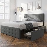 IDEALHOUSE Queen Platform Bed Frame with Storage and 4 Drawers, Button Upholstered Bed Frame with Dr
