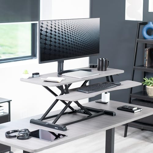 Image of VIVO 42 inch Desk Converter, K Series, Height Adjustable Sit to Stand Riser, Dual Monitor and Laptop Workstation with Wide Keyboard Tray, Gray Top, Black Frame, DESK-V042KG