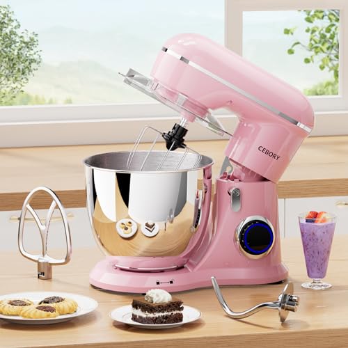 Image of CEBORY 3-IN-1 Electric Stand Mixer, 6.5QT Bowl 660W 10-Speed Kitchen Mixer, Household Food Mixers include Dough Hook, Beater and Whisk, Bread Cake Mixer for Baking and Most Home Cooks, Pink