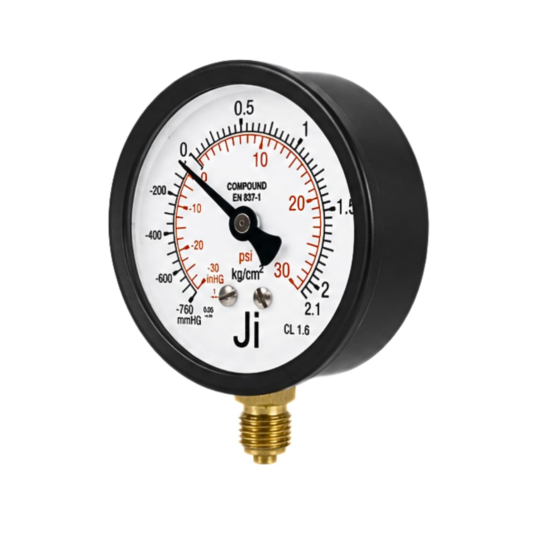 "Ji" Japsin Instrumentation - Commercial Compound Gauge, 2.5" Dial, Range -760 mmHg to 2.1 Kg/Cm2, Direct Mounting Bottom Entry, 1/4" BSP Connection, MS Case & Brass Internals-image-25