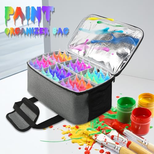 Image of Acrylic Paint Organizer Bag, Acrylic Paint Storage Case for up to 54 Bottles (2 oz) Art Supply Storage Case with Handle Strap, Gray