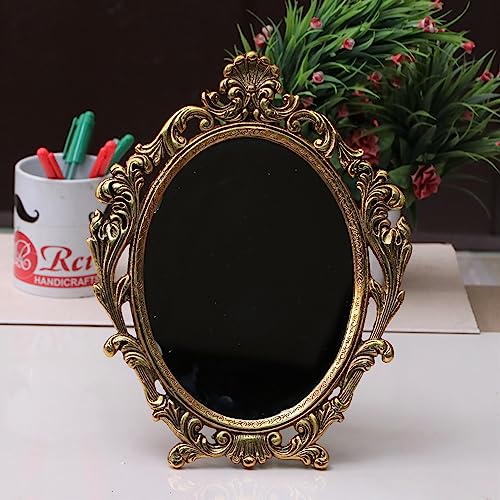 Image of KridayKraft Table Mirror Gold Plated for Gift Love one Festival Gift Perfect for Birthday, Anniversary Wedding (Floor Mount, Oval, Framed)