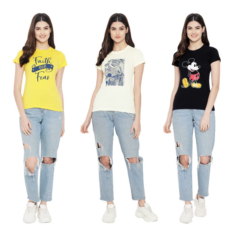 Image of Preneum Women's Cotton Regular Fit Graphic Stylish Printed Short Sleeves Casual T-Shirt || Trend & Style (Pack 3)