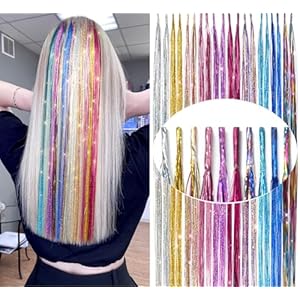 LyoRuSi 24 Inches Fairy Hair Tinsel Kit with Tools (Synthetic Feather Hair Extensions) Glitter Tinsel Hair Extensions With Kit Tools 50 Pcs Silicone Micro Beads+Crochet Hooks+Pliers (20PCS/10Colors)
