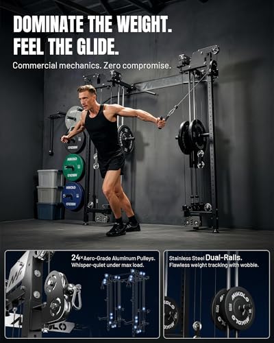 Image of Mikolo Folding Squat Rack, Wall Mounted Power Rack with Cable Crossover Machine & LAT Pull Down, Functional Trainer with 5 Adjustable Function Modes, Home Gym Package