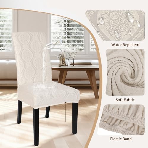 Image of SearchI Water Repellent Dining Room Chair Cover,6 Pack,Beige Flower Pattern | Stretch Jacquard, Parsons Chair Slipcovers, Removable Washable, Kitchen Chair Protector Cover for Dining Room, Hotel, Banquet