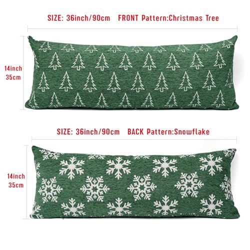 Image of Reversible Christmas Pillow Covers 14x36, Chenille Double-Sided Snowflake & Tree, Cozy Farmhouse Holiday Throw Pillowcases with Hidden Zipper for Sofa, Couch and Bed(Green,36x14)