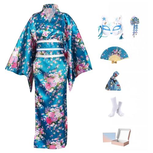 Ensemble de Yukata Kimono Japonais Femme,Robe Kimono en Satin avec Obi et Nœud,Deguisement Femme pour Photographie,Scène et Fête avec Accessoires dans Une Boîte-Cadeau,Fleur de Cerisier,Turquoise