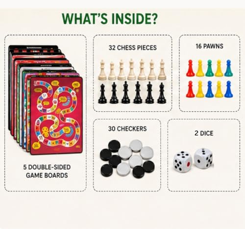 Image of Ekta 10 in 1 Classic Board Games Set for Kids & Family | Chess, Ludo, Snakes & Ladders, Backgammon & More | 5 Double Sided Thick Boards | Indoor Strategy Game for Boys Girls Age 5+