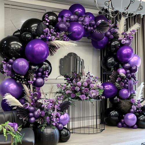 Image of Purple and Black Balloons Dark Purple Balloon Garland Arch Lavender Lilac Kit For Wednesday Birthday Halloween Vampire Retirement Graduation Prom Party Decoration
