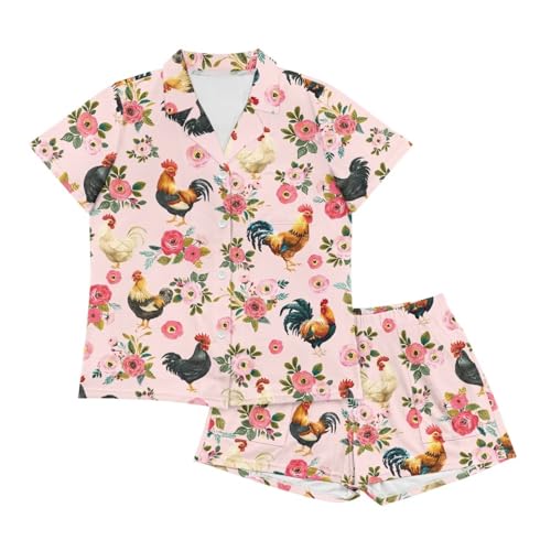 Image of Renewold Women's Short Sleeve Pajama Set Button Down Sleepwear with Notch Collar Soft Lounge Top and Shorts with Pockets