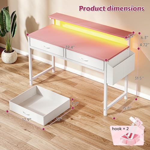 Image of DurayLoly 39.4Inch Office Computer Desk with LED Lights & 2 Fabric Drawers, Gaming Desk with Side Pocket & Ergonomic Monitor Stand, Small Space Study Writing Table with Anti-Tip Design,Pink