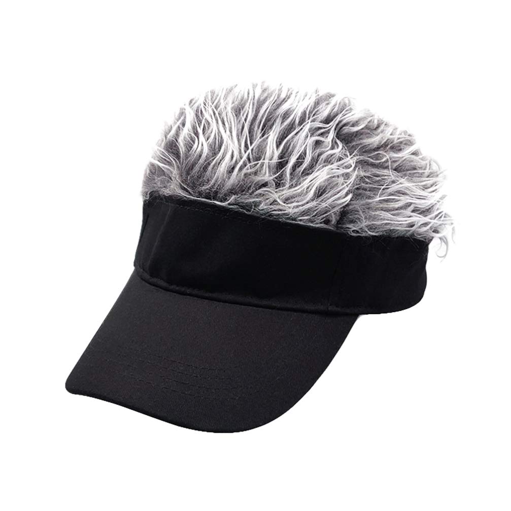SosoportHair Visor Sun Cap Wig Adjustable Baseball Hat Fluffy Fake Spiked Hair Breathable Golf Hats Cycling Cap Funny Costume Caps for Unisex ( Adult/ Black )