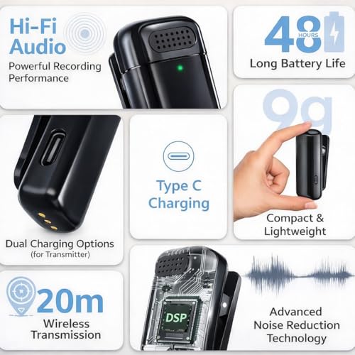 Image of Wireless Collar Microphone for Mobile with Charging Case Dual Channel Noise Reduction Clip Mic for iPhone Android Type C YouTube Reels Video Recording