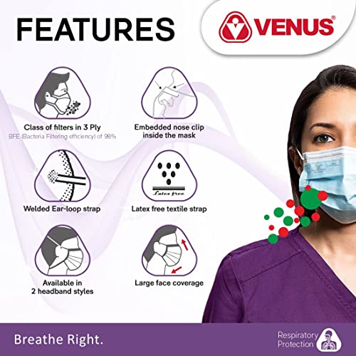 Image of VENUS - V-1010-3 Ply Surgical Face Mask - ISI Certified, Disposable, Anti-Pollution & Bacterial Filtration for Medical, Hospital & Daily Use - Blue - Pack of 50