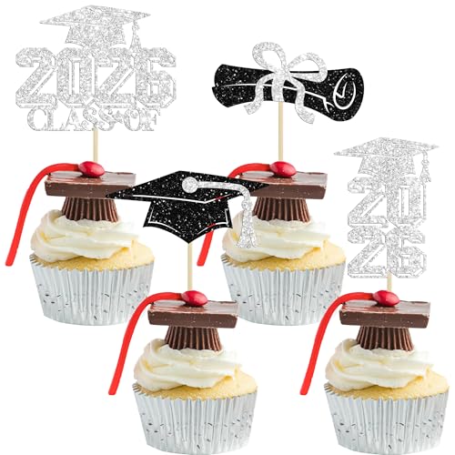 Gyufise 36Pcs 2026 Graduation Theme Cupcake Toppers Glitter Class of 2026 Grad Cap Diploma Cupcake Picks 2026 Graduation Theme Party Cake Decorations Supplies Silver