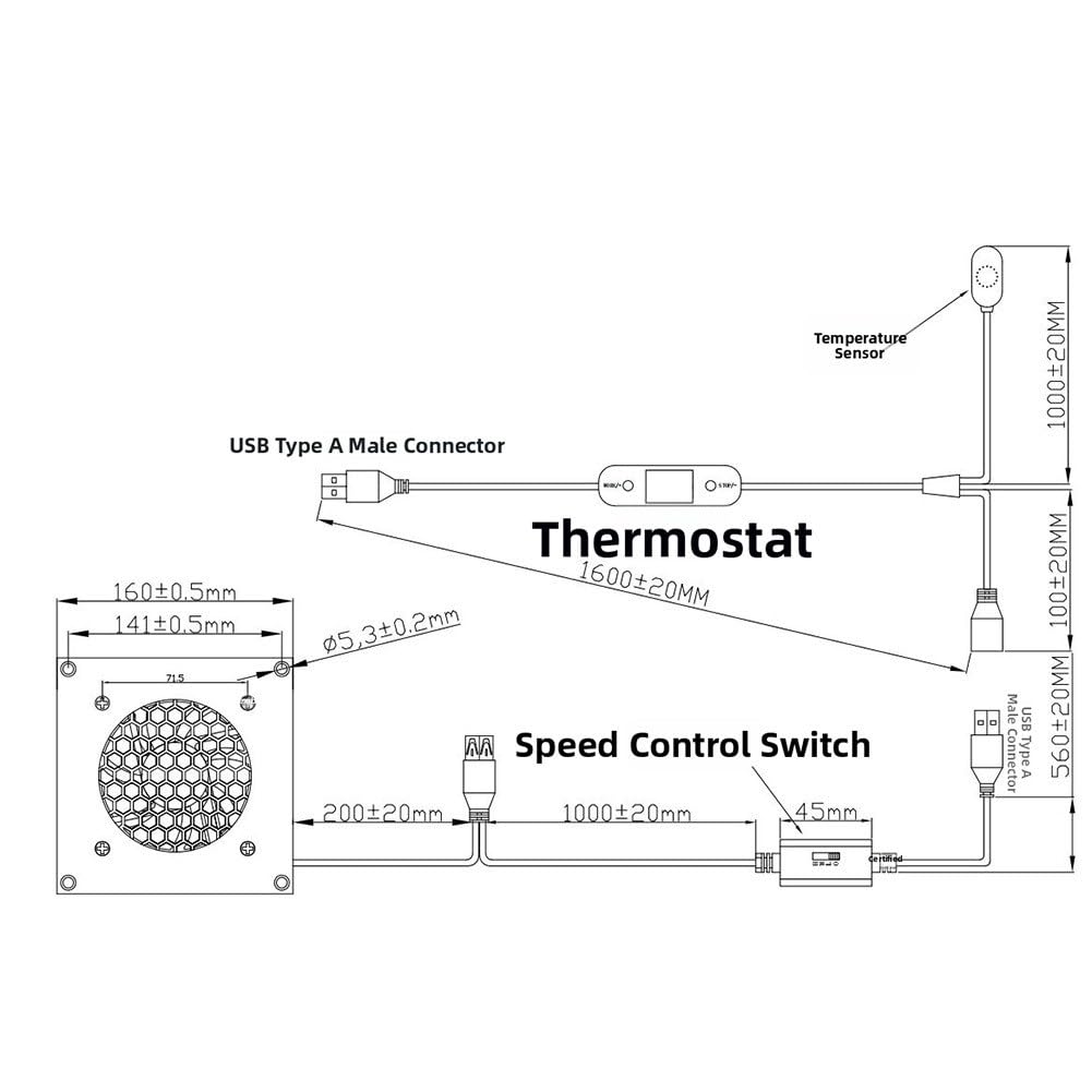 Ventola USB con termostato 0-60 °C, 3 velocità, silenziosa 19,3 dB, doppio cuscinetto a sfera, alloggiamento in alluminio, ventola di raffreddamento per armadi AV, serra, gabbia per animali