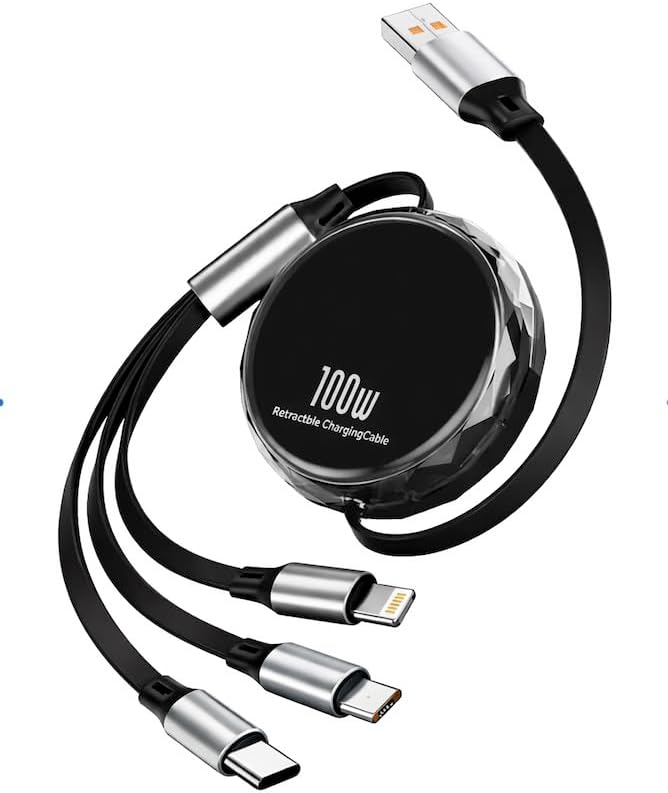 100W 3-in-1 Retractable Fast Charging Cable – USB C/Micro USB/Compatible with iPhone, Samsung, iPad, MacBook, Tablet, Car & Travel. Built-in Phone Holder