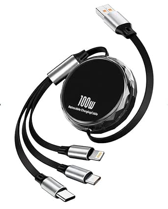 100W 3-in-1 Retractable Fast Charging Cable – USB C/Micro USB/Compatible with iPhone, Samsung, iPad, MacBook, Tablet, Car &amp; Travel. Built-in Phone Holder