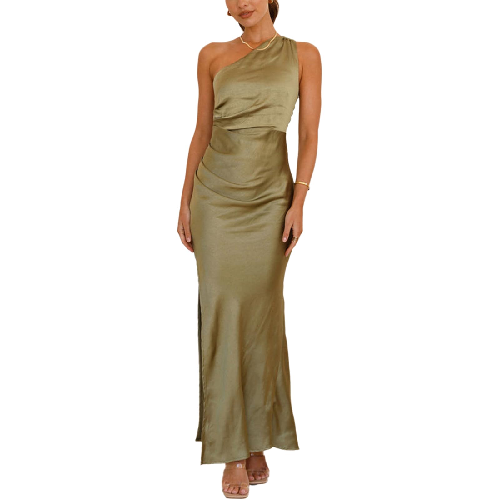 cffvdiz Summer Satin Spaghetti Strap Sleeveless Maxi Dress for Women Sexy Halter Split Long Cocktail Dresses