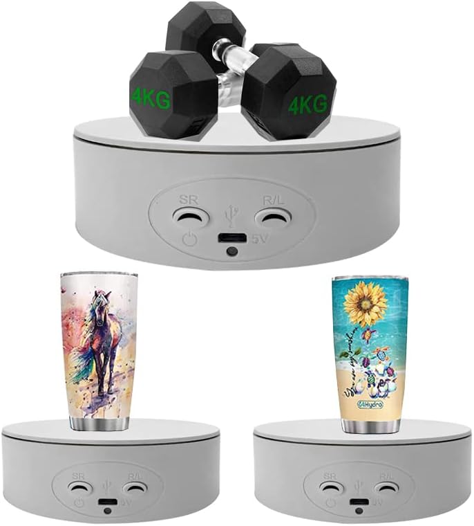 ZLMONDEE Rotating Display Stand ,5.2" 4.4lb Load Cup Display Stand Turner For Tumblers, Spinning Display Stand,Motorized Tumbler Display Turner For Glitter Cups Photography Small Arts Pruducts (White)