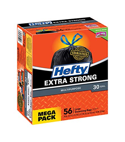 Image of Hefty Strong 30 Gallon Trash Bags, Large Trash Bag 30 Gallon Size, Durable Drawstring Enclosure, Resists Punctures, Leaks, and Tears, Black, Unscented, 56 Bags (Pack of 4)