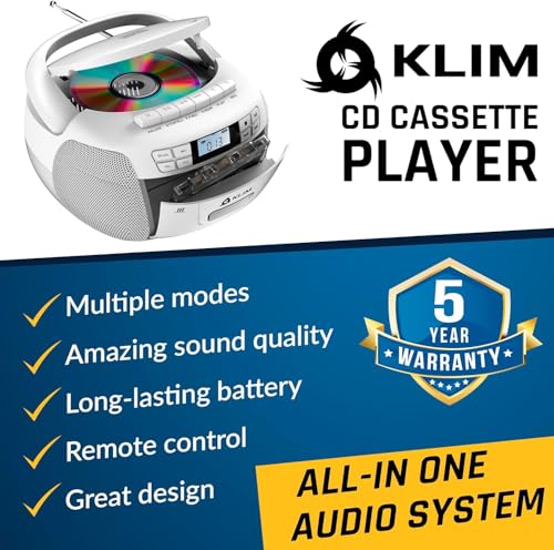 KLIM Odtwarzacz CD - odtwarzacz kasetowy, radio Am/FM CD i Bluetooth, pilot, kaseta radiowa z CD-R i nagrywaniem na taśmie, USB, AUX, odtwarzacz CD-R z dźwiękiem stereo - biały