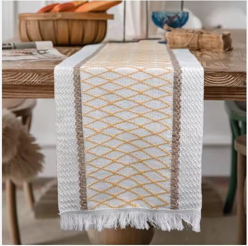 Image of HomeCloud Croshia Woven Table placemat - Heat Resistant, Washable Table Decoration for Dining, Office, Kitchen, Hotel, and Home (Runner Beige Boxes, Set of 1)