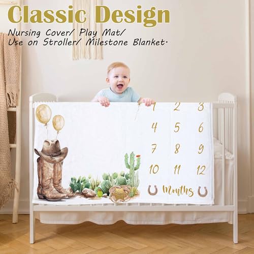 Image of Western Milestone Blanket, Cowboy Baby Monthly Blanket with Marker, Newborn Baby Shower Photo Props My First Rodeo Gifts